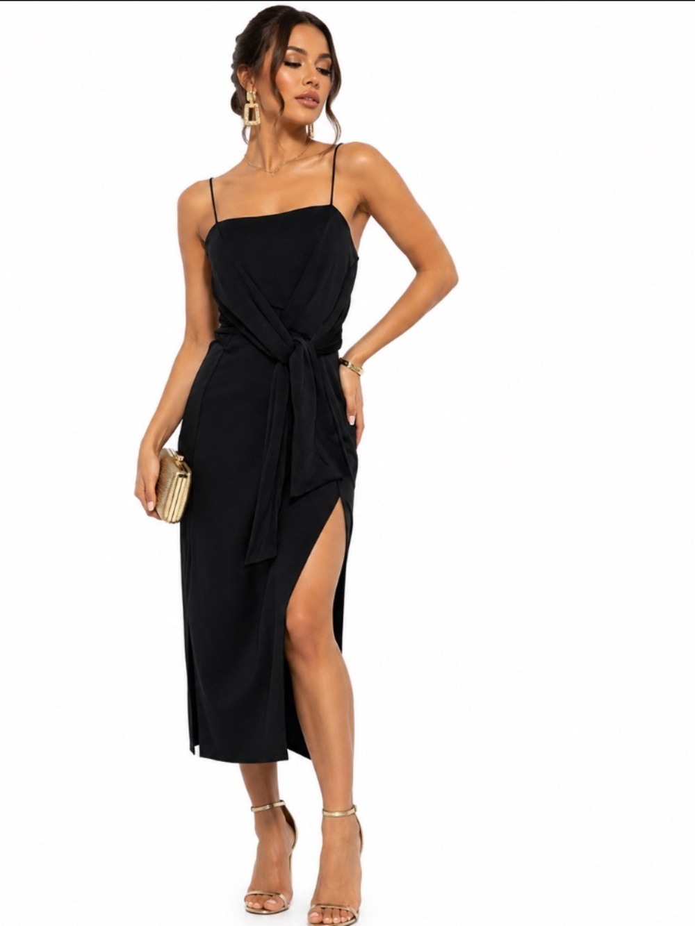 C/MEO Collective Black Side Tie Slit Feminine Romantic Cocktail Dress Size M